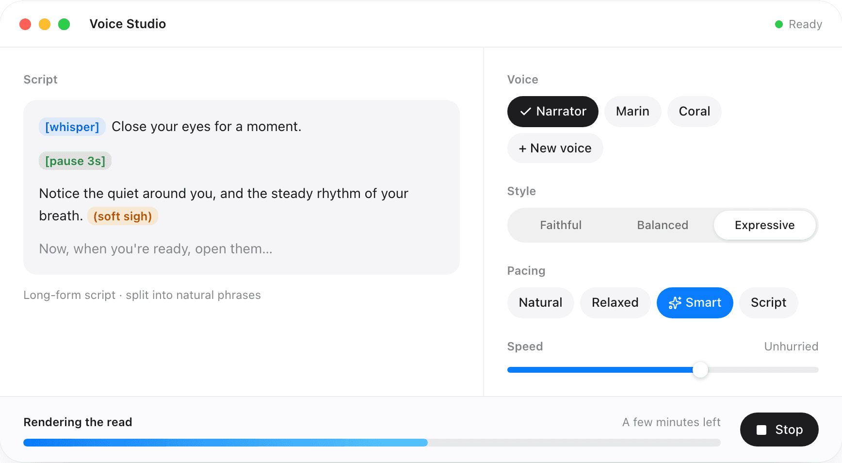 Voice Studio: a script with whisper, pause and sigh cues on the left; voice, style, pacing and speed controls on the right; and a long read rendering along the bottom with a Stop button.