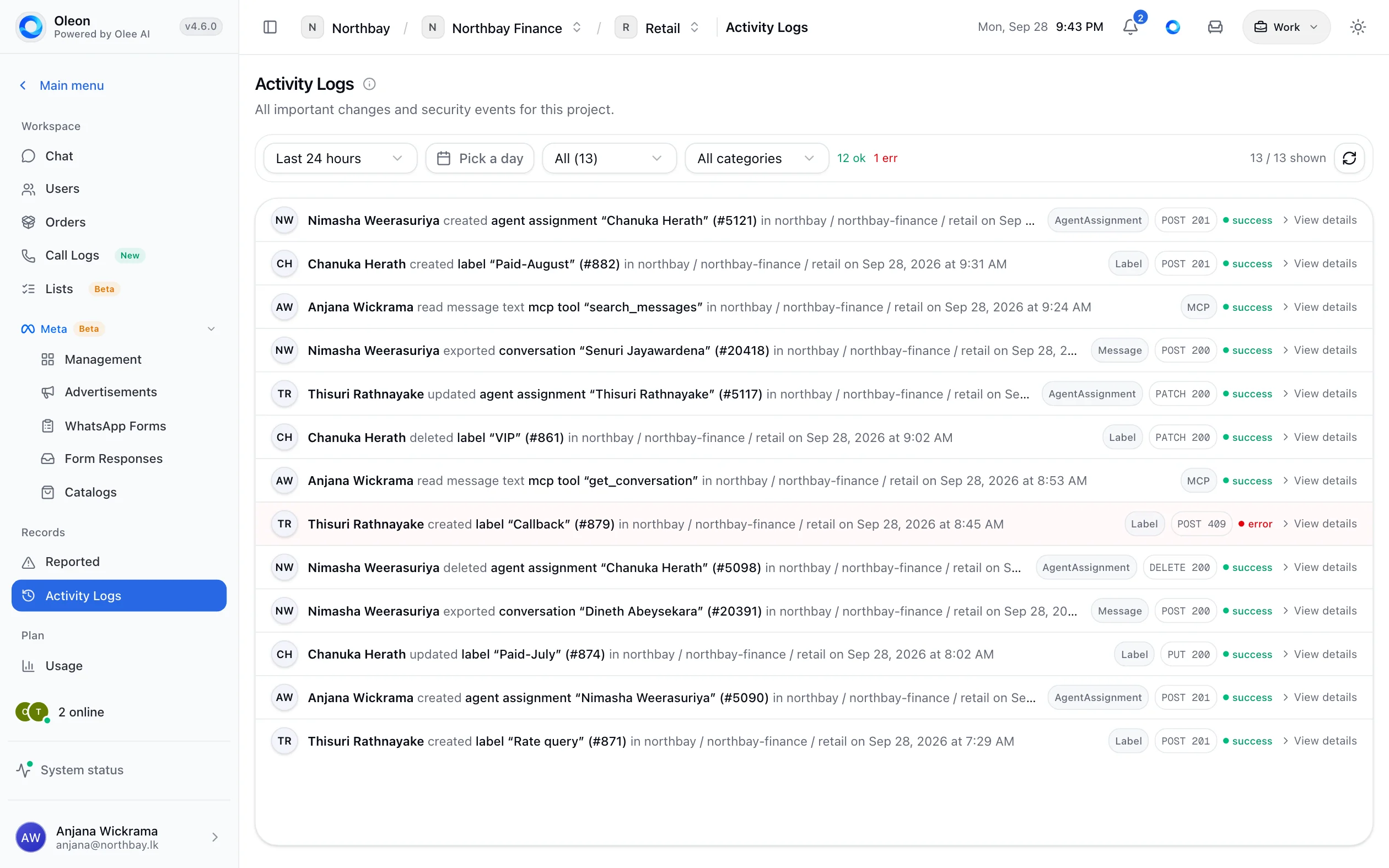 Oleon's activity log: each change by a staff member, each tool an AI client called, and whether it succeeded, with a name and a time