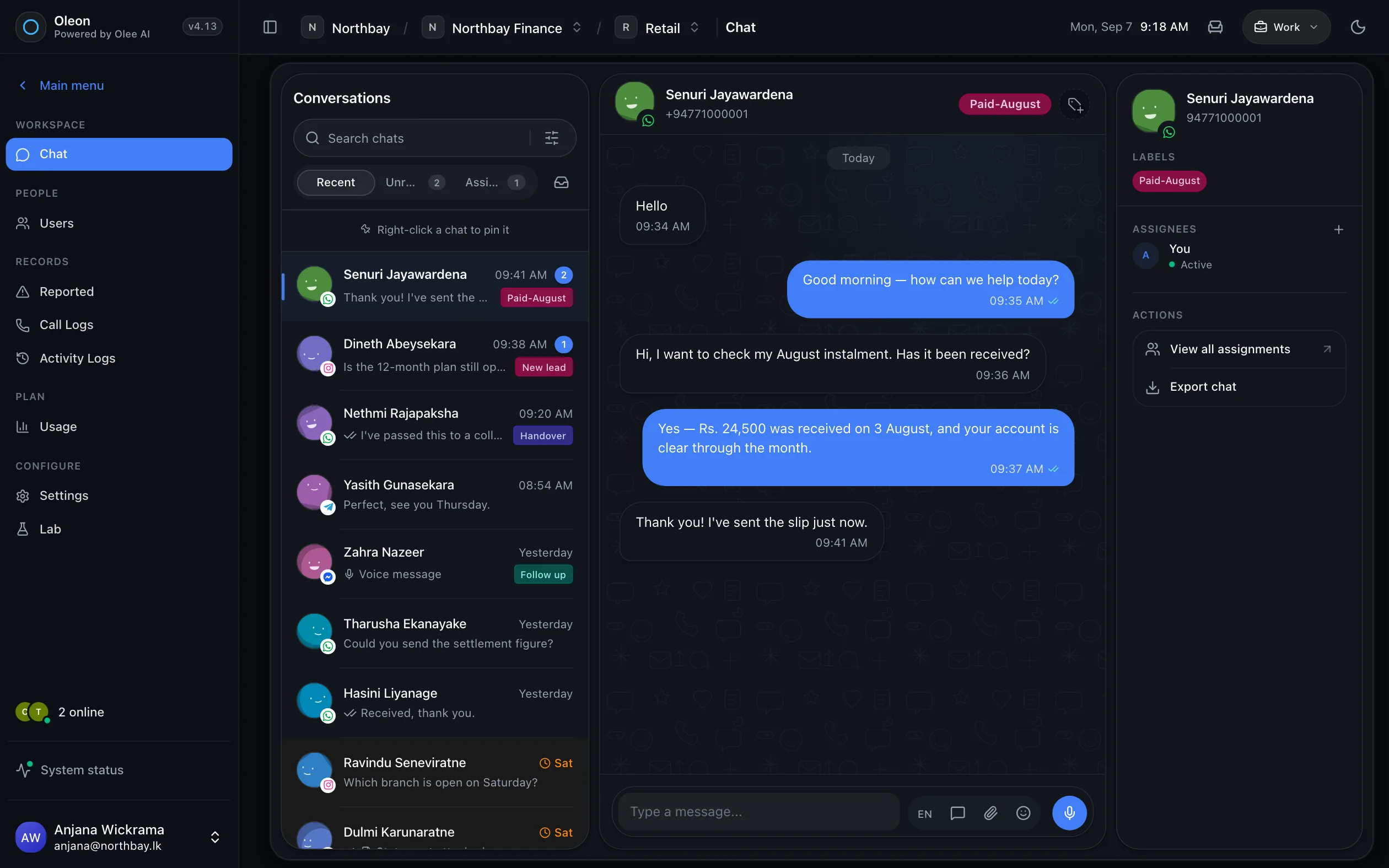 The Oleon inbox in dark mode: customer conversations from WhatsApp, Instagram, Messenger and Telegram in one list, with one conversation open and the customer's labels beside it